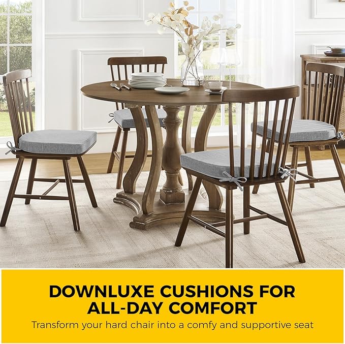 downluxe Indoor Chair Cushions for Dining Chairs, Soft and Comfortable Textured Foam Kitchen Chair Pads with Ties and Non-Slip Backing, 16" x 16" x 2", Light Grey, 6 Pack