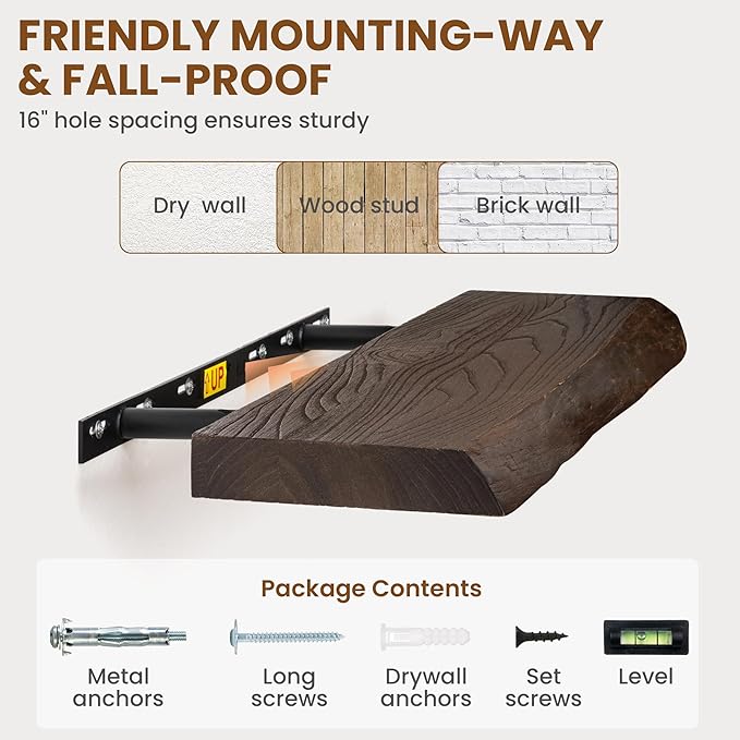 72" Floating Shelves, Live Edge Elm Wood Floating Shelf for Wall, Wall-Mounted Display Shelves with Invisible Heavy-Duty Bracket, Long Floating Shelf for Bathroom, Kitchen, Living Room, Walnut Color