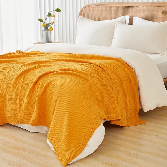 EMME Cotton Throw Blanket for Couch Soft Muslin Blankets 50"x60" Lightweight Breathable Blanket All Season Gauze Blanket, Mustard Yellow