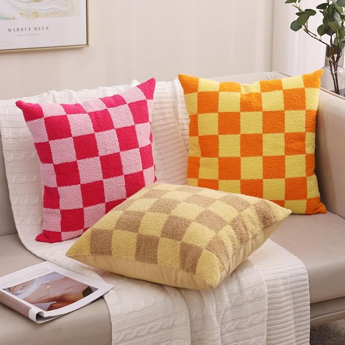 Alysheer Checkered Embroidered Decorative Throw Pillow Covers 18"x 18" Set of 2, Farmhouse Cottage Hot Pink Plaid Tufted Patterned Cotton Canvas Cushion Case for Sofa Couch Bed Living Room