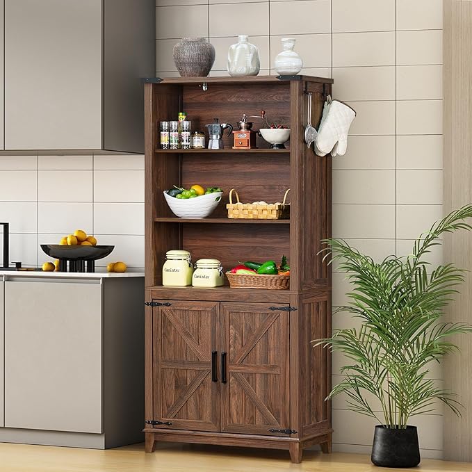 70in Tall Bookshelf 5 Tier Bookcase with Barn Doors and Adjustable Shelves, Brown Farmhouse Book Shelf with Storage Cabinet, Wood Freestanding Display Bookshelves for Bedroom, Living Room