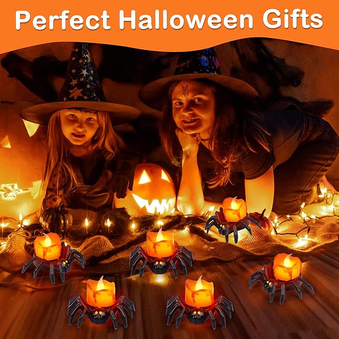 6 Pack Halloween Flameless Candles Battery Operated LED Spider Tealight Candles for Halloween Home Decorations, Light Up Halloween Decorations Indoor for Table Party Office Fireplace Halloween Gifts