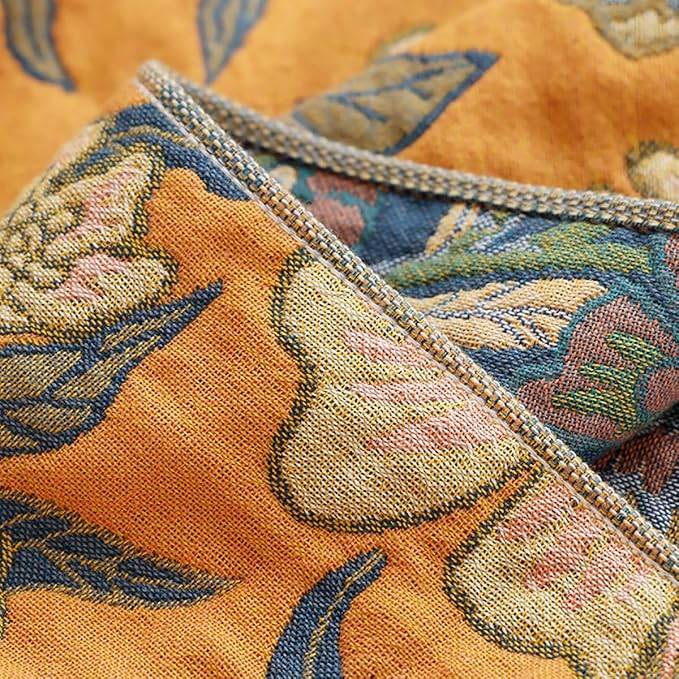 Boho Muslin Blanket for Adults 4-Layer Gauze Twin Size Soft Cozy 100% Cotton Summer Cooling Blanket Floral Decor for Sofa Bed Coverlet Both Sides (Flowr Branch Orange, Twin 60 x 80 in)