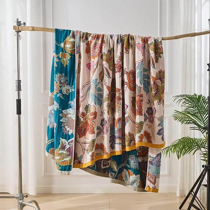 Boho Throw Blanket for Couch,100% Cotton Summer Blanket for Bed, Ultra Soft Rustic Quilt for Bed, Home Decor, Boho Picnic Blankets with Pomegranate for All Seasons 60"x80"