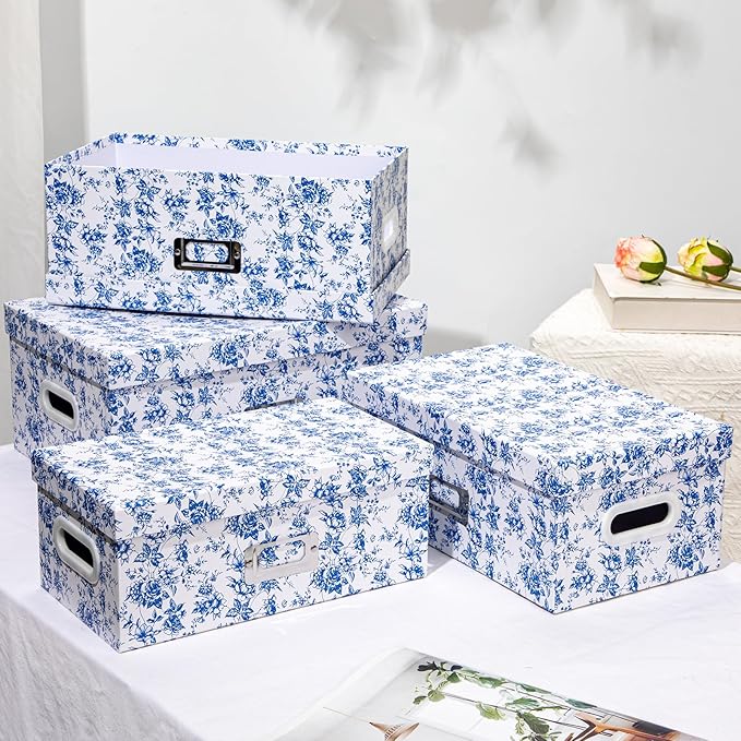 Briful Set of 4 Blue and White Storage Boxes with Lids – Photo Boxes Elegant Floral Nesting Organizer Bins, 14''/13''/12.2''/7.5'' Set Decorative Cardboard Gift Boxes for Home or Office Use
