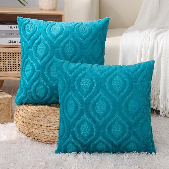 decorUhome Fall Throw Pillow Covers 16x16 Inch Set of 2, Soft Plush Decorative Faux Fur Teal Solid Couch Pillow Covers, Accent Farmhouse Neutral Square Euro Pillow Cases for Sofa Bed Living Room