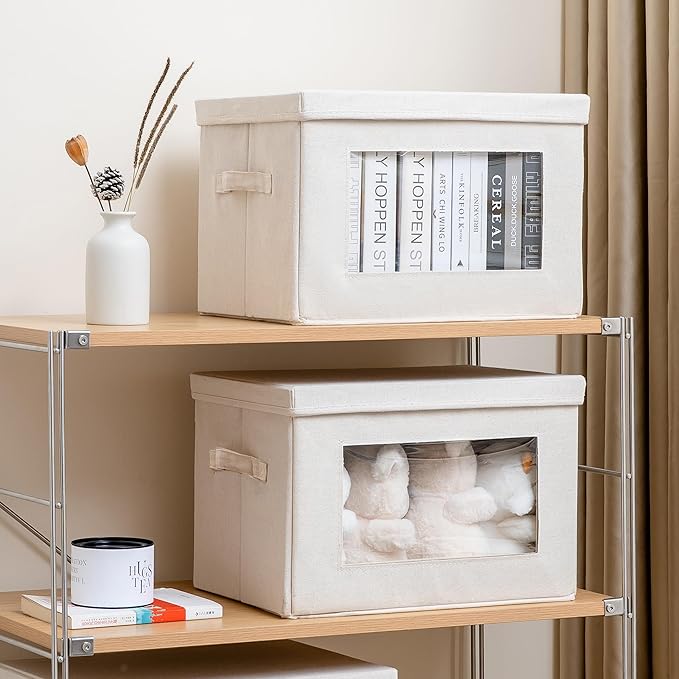 Citylife 4-Pack Storage Bins with Lids, Fabric Foldable Storage Bins with Soft Cord Handles, Cube Closet Storage Baskets with Lids, Organizers for Organizing Clothes and Books, Beige