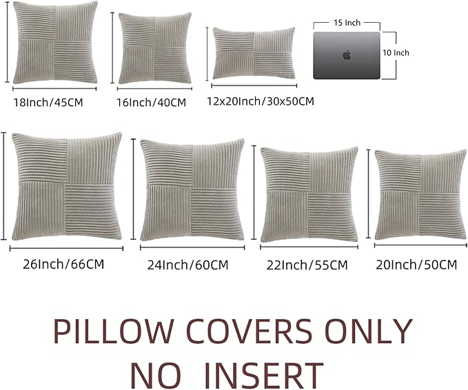 Fancy Homi 2 Packs Neutral Grey Decorative Throw Pillow Covers 20x20 Inch for Living Room Couch Bed Sofa, Farmhouse Boho Home Decor, Soft Corss Corduroy Patchwork Accent Square Cushion Case 50x50 cm