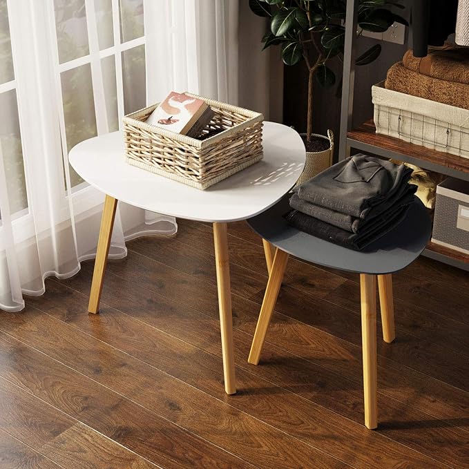 BAMEOS Bamboo Nesting Triangle End Table,Set of 2 Coffee Table Modern Minimalist Side Table for Living Room, Balcony in White & Grey