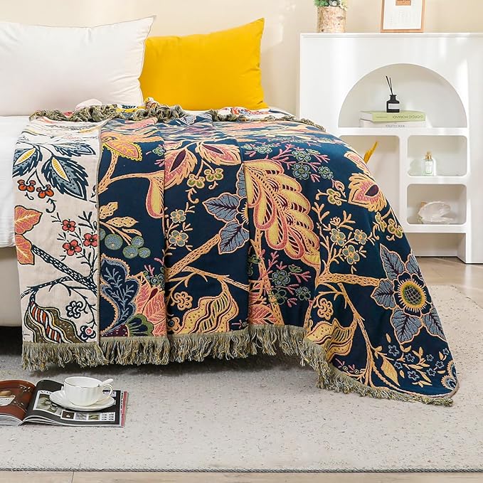Boho Large Throw Blanket for Bed -100% Cotton Colorful Bed Throw, Ultra Soft Farmhouse Decor Bedding,80" x 90" Travel Blanket Rustic Throw for Picnic Sofa Couch Chair White&Blue