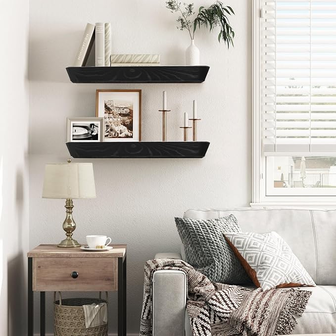 16"x6.8"x1.6" Slanted Floating Wall Shelves 2-Pack - Rustic Black Finish, Heavy-Duty Solid Wood Design with Hidden Brackets - Perfect for Living Room, Kitchen, Bathroom, or Office