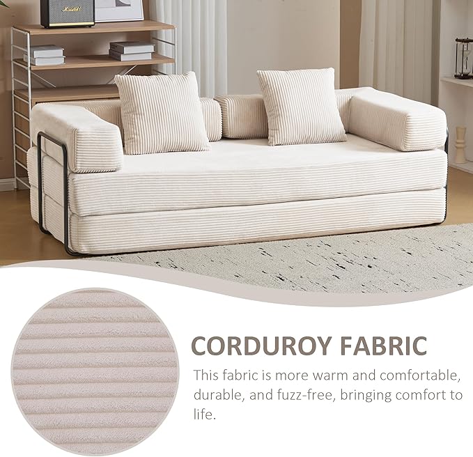 Convertible Sleeper Sofa Bed, Compression Folding Sofa with Pillow, No Assembly Required, Shape Frame, Floor Sofas Lounge Couch for Living Room, Bedroom, Small Spaces(Corduroy, 77''W, Off-white)