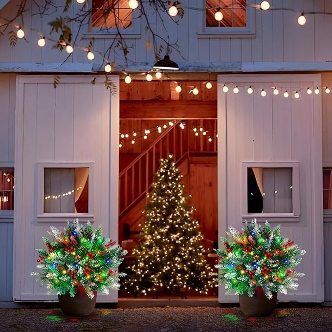 2 Pack Lighted Artificial Christmas Urn Filler, Battery Operated Pre-lit Xmas Pine Trees, Tripod Stake and 60 LED Lights, Holiday Porch Decorations for Porch, Yard, Garden, Flower Beds(Multicolor)