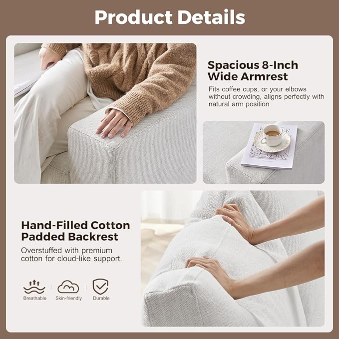 112" Modular Sectional Sofa, Large 7 Seater L Shaped Couch with Detachable Sofa Cover, Movable Ottoman, Deep Seat Corner Couch for Living Room, Apartment - Linen Fabric, Ivory