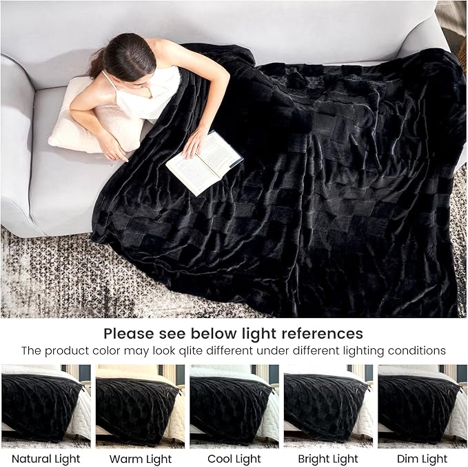 Cozy Bliss Checkered White Faux Rabbit Fur Throw Blanket, Soft Fuzzy Fluffy Minky Cream Furry Blankets for Couch, Bed (Black, King(108" x 90")