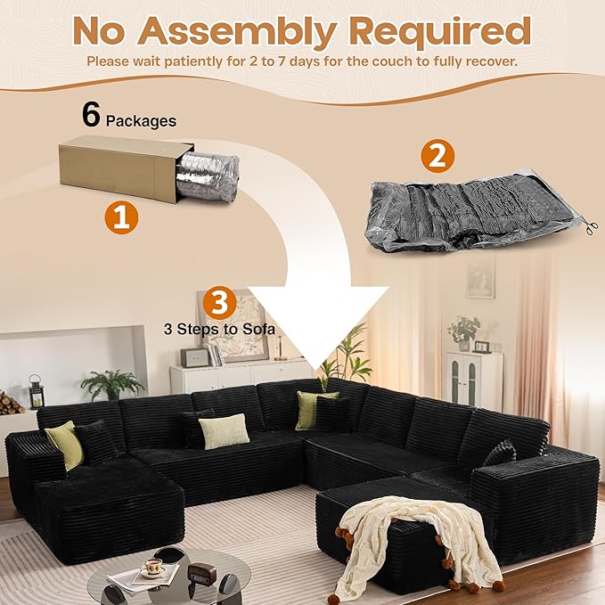 Cloud Sectional Couches for Living Room,G Shaped Modular Sofas No Assembly,135x133 Inches Plush Corduroy Oversized Floor Couch Set with Deep Seat Chaise,Black