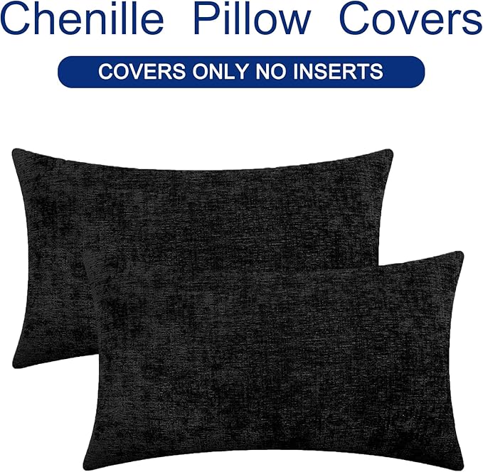 CaliTime Throw Pillow Covers Decorative 16 X 26 Inches Pack of 2 Cozy Chenille Cushion Cases for Couch Sofa Bed Living Room Home Black
