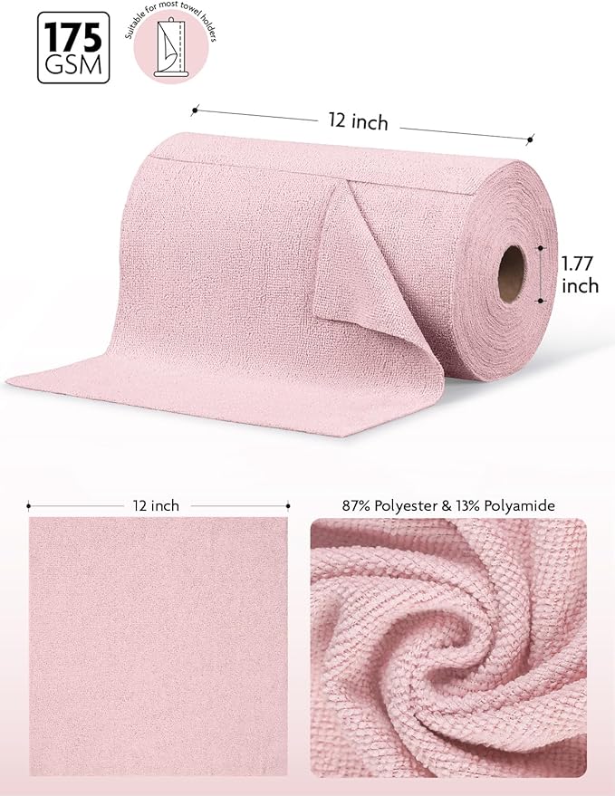 Fantasticlean Microfiber Cleaning Cloth Roll -150 Sheets, Tear Away Microfiber Towels, 12" x 12", Reusable Washable, Ultra Absorbent Dish Rags for Car, Home, Garage or Shop (2 Rolls of Pink)