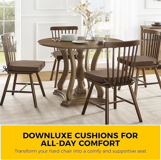 downluxe Indoor Chair Cushions for Dining Chairs, Soft and Comfortable Textured Foam Kitchen Chair Pads with Ties and Non-Slip Backing, 16" x 16" x 2", Brown, 6 Pack