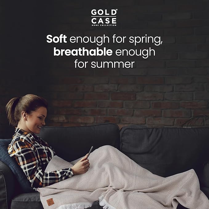 Gold Case Throw Blanket for Bed – 100% Recycled Turkish Cotton Bed Blanket – Decorative Throw Cotton Blankets for Living Room & Bedroom – Elegant Grey Woven Queen Blankets – 90x90