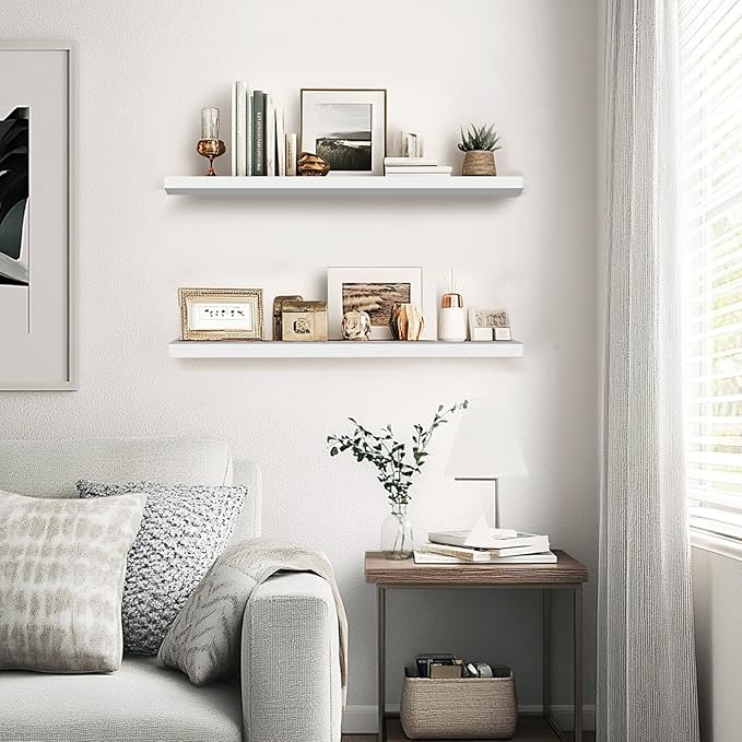 Floating Wall Shelves 2-Pack - 24-Inch Rustic White Wooden Shelves for Storage and Décor, Easy Installation for Living Room, Bedroom, and Kitchen