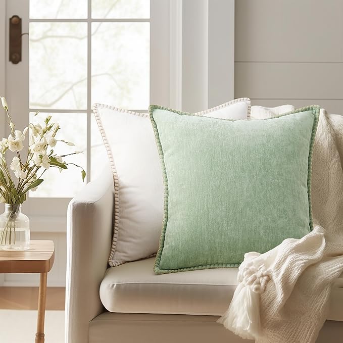 decorUhome Chenille Soft Throw Pillow Covers 12x20 Set of 2, Lumbar Velvet Farmhouse Neutral Decorative Euro Pillow Covers with Stitched Edge for Couch Sofa Bed Home Decor, Sage Green