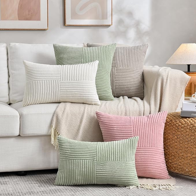 Fancy Homi 2 Packs Tan Long Lumbar Decorative Throw Pillow Covers 16x24 Inch for Couch Bed Sofa, Rustic Farmhouse Boho Home Decor, Soft Striped Corduroy Rectangle Accent Beige Cushion Case 40x60 cm