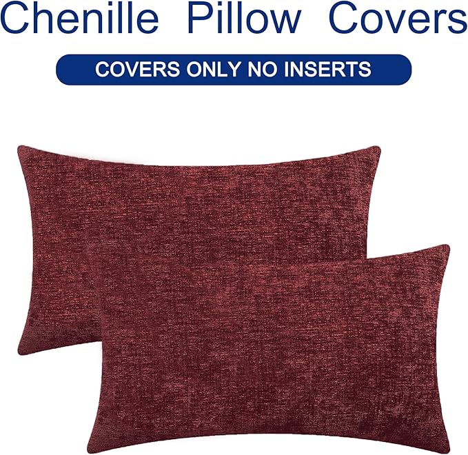 CaliTime Throw Pillow Covers Decorative 12 X 20 Inches Pack of 2 Cozy Chenille Cushion Cases for Couch Sofa Bed Living Room Home Burgundy