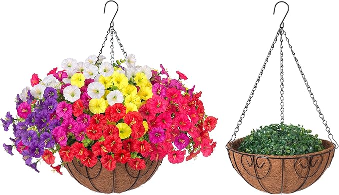 Artificial Faux Hanging Flowers Plants Basket for Outdoors, Silk Morning Glory with Eucalyptus in Planter Look Real UV Resistant Fake Flowers for Porch Outside Patio Balcony Yard Indoor Summer Decor