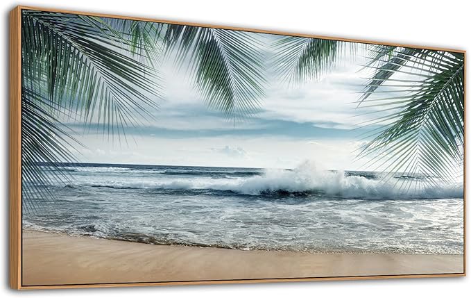Framed Tropical Beach Wall Art - Ocean Waves Canvas Pictures Coastal Blue Sky and Sea Print Seaside Palm Tree Leaves Scene Painting Artwork Living Room Bedroom Office Home Decor 20" x 40"
