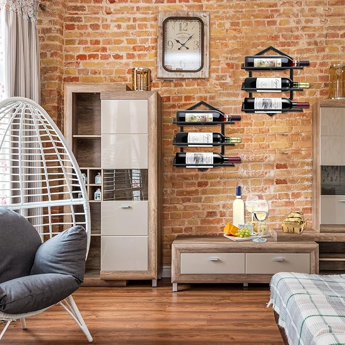 2Pcs Wall Mounted Wine Stemware Rack, Metal Hanging Wine Glass Display Holde Holds 3 Bottles, Elegant Storage for Kitchen Dining Room Bar Wine Cellar