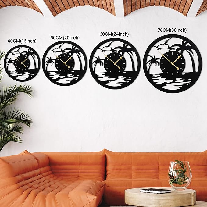 20inches/50cm Wall Clocks Palm Tree Battery Powered No Ticking Silent Round Black Modern Unique Metal Wall Clocks Suitable Living Room Kitchen Bedroom Fireplace Office Farmhouse。