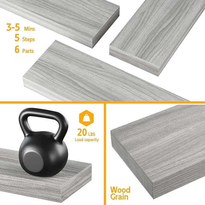 BAMEOS Floating Shelf,Wall Shelf,Decor Wall Mounted Shelves,Hanging Shelf Set L24xW6 for Bathroom Kitchen Living,Kitchen,Room Bedroom Storage,Walnut