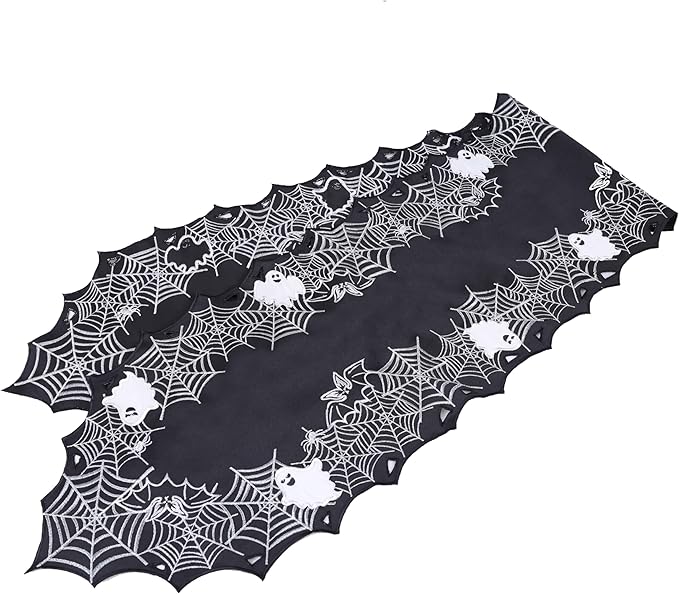 Chlophy Halloween Table Runner Black Spider Web Table Runner Gothic Embroidered for Kitchen Dining Halloween Décor Home Party Table Decoration 72in