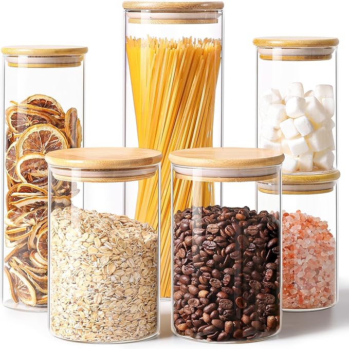 ComSaf Glass Food Storage Jars Set of 6, Clear Glass Storage Containers with Lids, Canisters Sets for the kitchen, Spaghetti, Pasta, Flour, Nuts, Oat, Coffee and Sugar Container, Pantry Organization