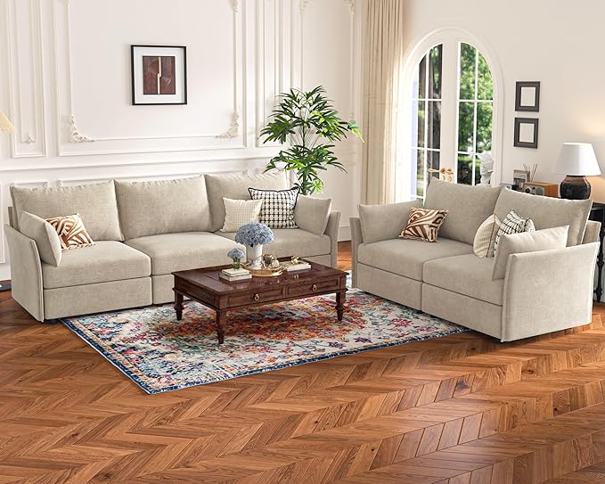 102.6" Modular Sectional Sofa, Oversized 3-Seater Couch with Removable Beige Chenille Fabric Cover, Deep Seat & High Backrest for Living Room, Office & Apartment