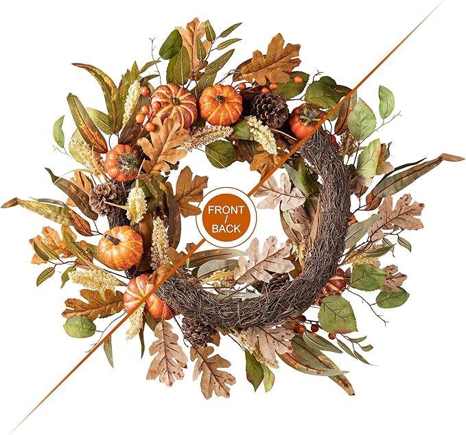 Glitzhome 24''D Fall Pumpkin Leaf Floral Wreath Decor, Artificial Harvest Door Wreath for Autumn or Thanksgiving Decoration