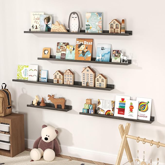 Floating Shelves for Wall, Picture Ledge Shelf 48 Inch Solid Wood Set of 2, Rustic Wall Shelves with Lip, Kids Bookshelf, Photo & Picture Live Edge Floating Shelves for Bedroom, Living Room, Kitchen