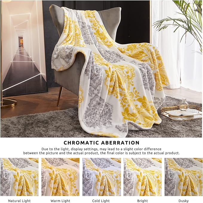 CASAAGUSTO Boho Throw Blanket - Yellow and Gray Damask Decorative Blankets with Tassel, Printed Flannel Bohemian Blanket for Chair, Bed, Sofa, Couch(50 * 60, Yellow and Gray Damask)