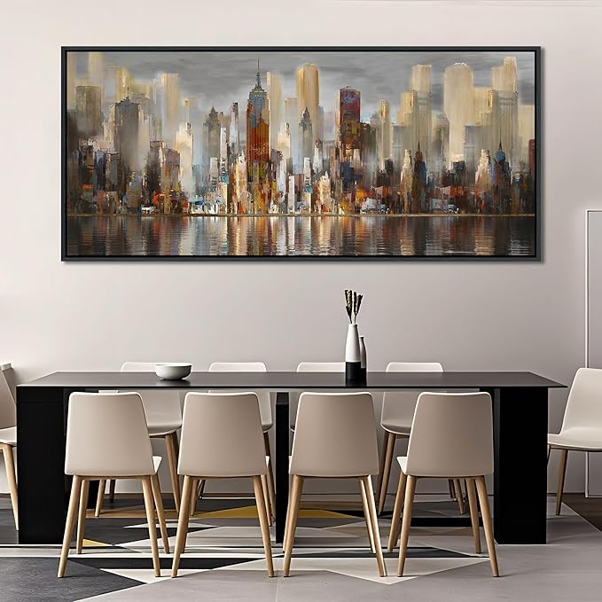 Framed Large Cityscape New York Wall Art Canvas Prints Abstract Brown City Theme Paintings Modern Canvas Wall Art for Living Room Pictures Wall Decor Bedroom Big Size 31x70
