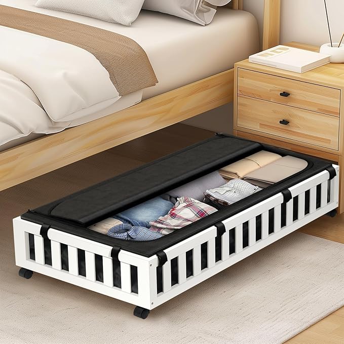 2 Pack Bamboo Under Bed Storage with Wheels, 39”x20”x7.8” Lager Under Bed Storage Containers (White)