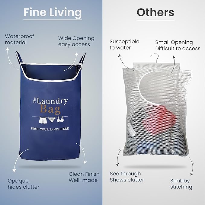 Fine Living Co. Large Hanging Laundry Hamper with Over Door Hooks & Adhesive, Durable Space Saving Laundry Bag with Zipper and Wide Open Top, Hanging Dorm Laundry Hamper (Navy Blue with Print-XL)