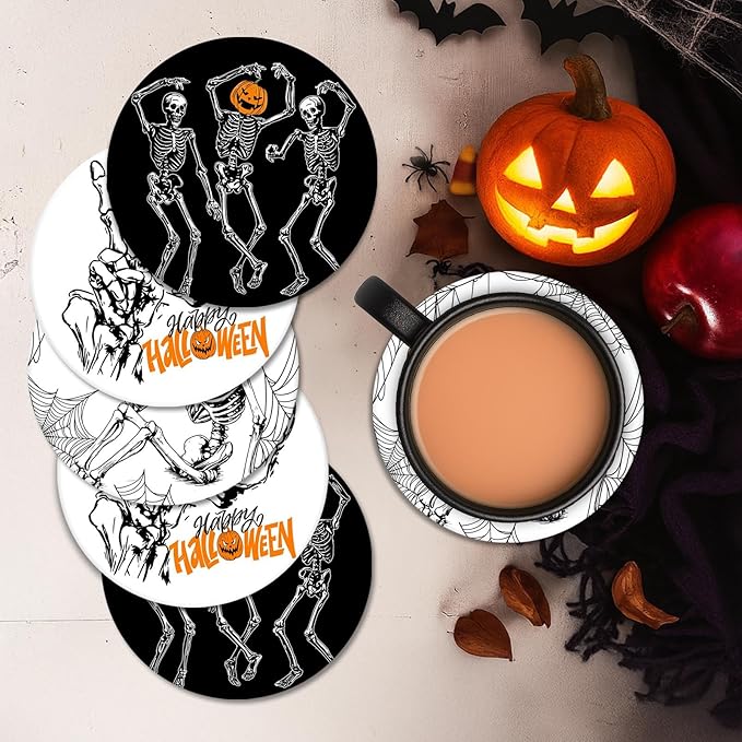 Coaster for Drinks Set of 6, Happy Fall Absorbent Round Ceramic Stone Mat, with Cork Base and Metal Holder