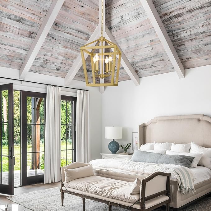 Gold Chandelier 4-Light, Farmhouse Pendant Light Fixture Adjustable Height, Modern Dining Room Light Fixture, Lantern Ceiling Hanging Lighting with Metal Cage for Kitchen Island Entryway Foyer