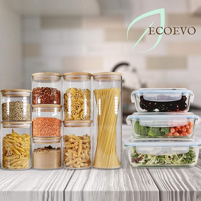 Glass Jars with Bamboo Lids (16oz in 9 Pack), Food Jars and Canisters Sets with lids, Food Storage Jars with Airtight Lids, Glass Pantry Jars