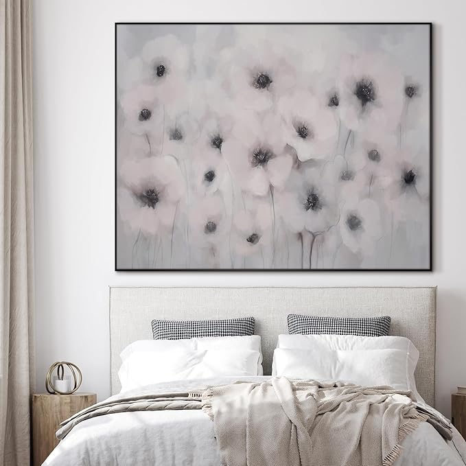36"x46" Extra Large Framed Wall Art Soft White Poppies Watercolor Floral, Delicate Botanical for Home Living Room Bedroom Decor (Frame Assembly Required)
