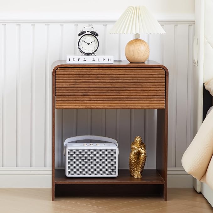 Fluted Nightstand with Charging Station, Mid Century Modern Bed Side Table End Table with Drawer Storage, Large Wooden Night Stands Bedside for Bedroom Living Room Sofa Office, Walnut