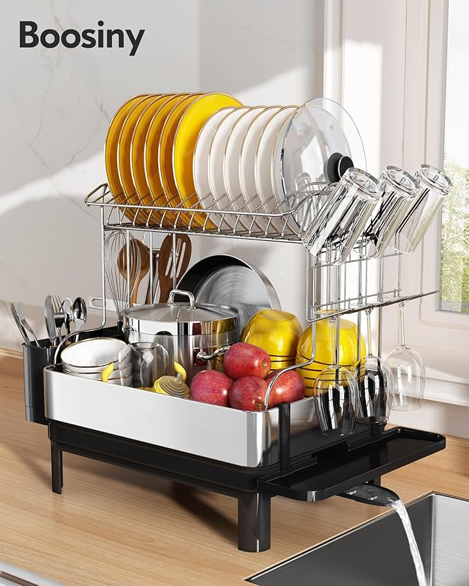 BOOSINY Dish Drying Rack with Drainboard, Stainless Steel Dish Rack, 2 Tier Extra Large Dish Drainer with Cup Holder and Utensil Holder for Kitchen Counter