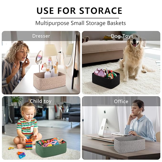 4 Pack Small Storage Shelf Baskets for Organizing, Mini Woven Rope Storage Bins for Towels, Cute Decorative Closet Organizer,Baby Nursery, Gift Empty Baskets -13''Lx8.66''Wx5.11''H-Brown