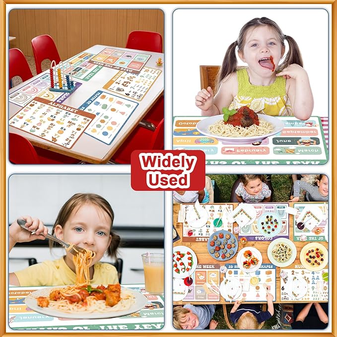 Educational Preschool Placemats for Kids Set of 6 Boho Toddler Plastic Placemat Reusable Washable Children Montessori Eat Table Mat for Homeschool Nursery Kindergarten Classroom Dining Table